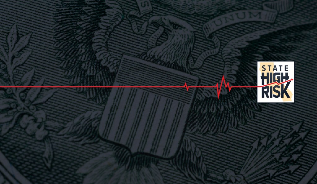 State High Risk logo with red heartbeat line. Federal currency eagle in background.