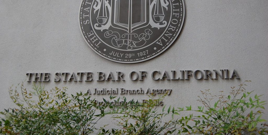 Seal and signage of The State Bar of California established in 1927, an agency of the Supreme Court which grants law licenses for lawyers and disciplines attorneys