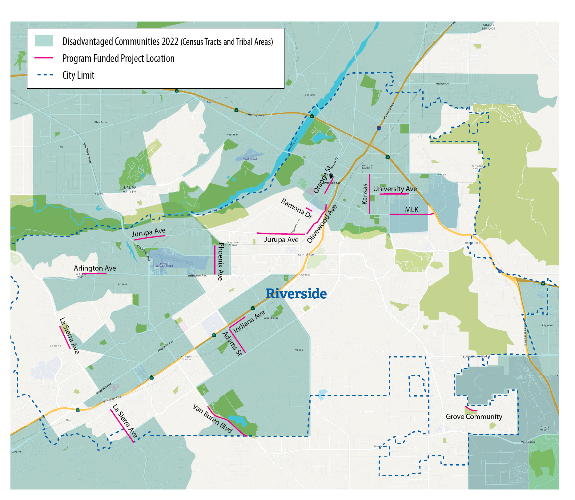 Figure A.5 is a map of Riverside that shows the disadvantaged communities within the City as well as the location of Local Streets and Roads projects in relation to the disadvantaged communities for fiscal years 2017-18 through 2021-22.