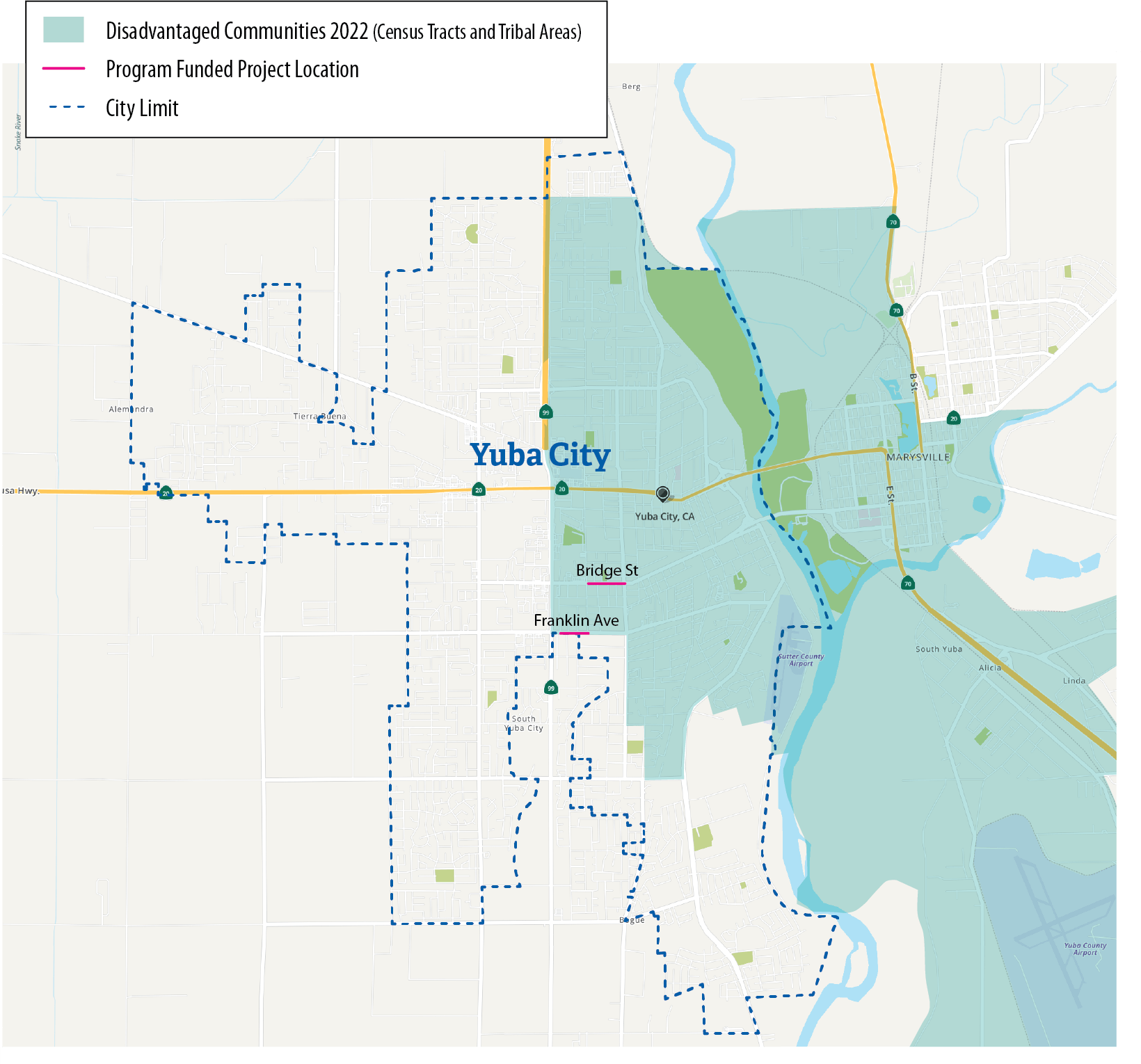 Figure A.6 is a map of Yuba City that shows the disadvantaged areas of the city and the location of the Local Streets and Roads Projects in relation to the disadvantaged communities for fiscal years 2017-18 through 2021-22.