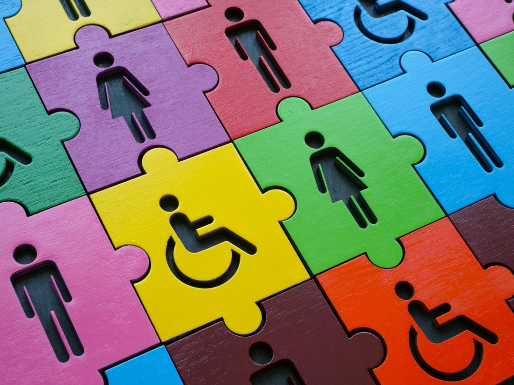Puzzle pieces with male, female, and disability icons in varying colors