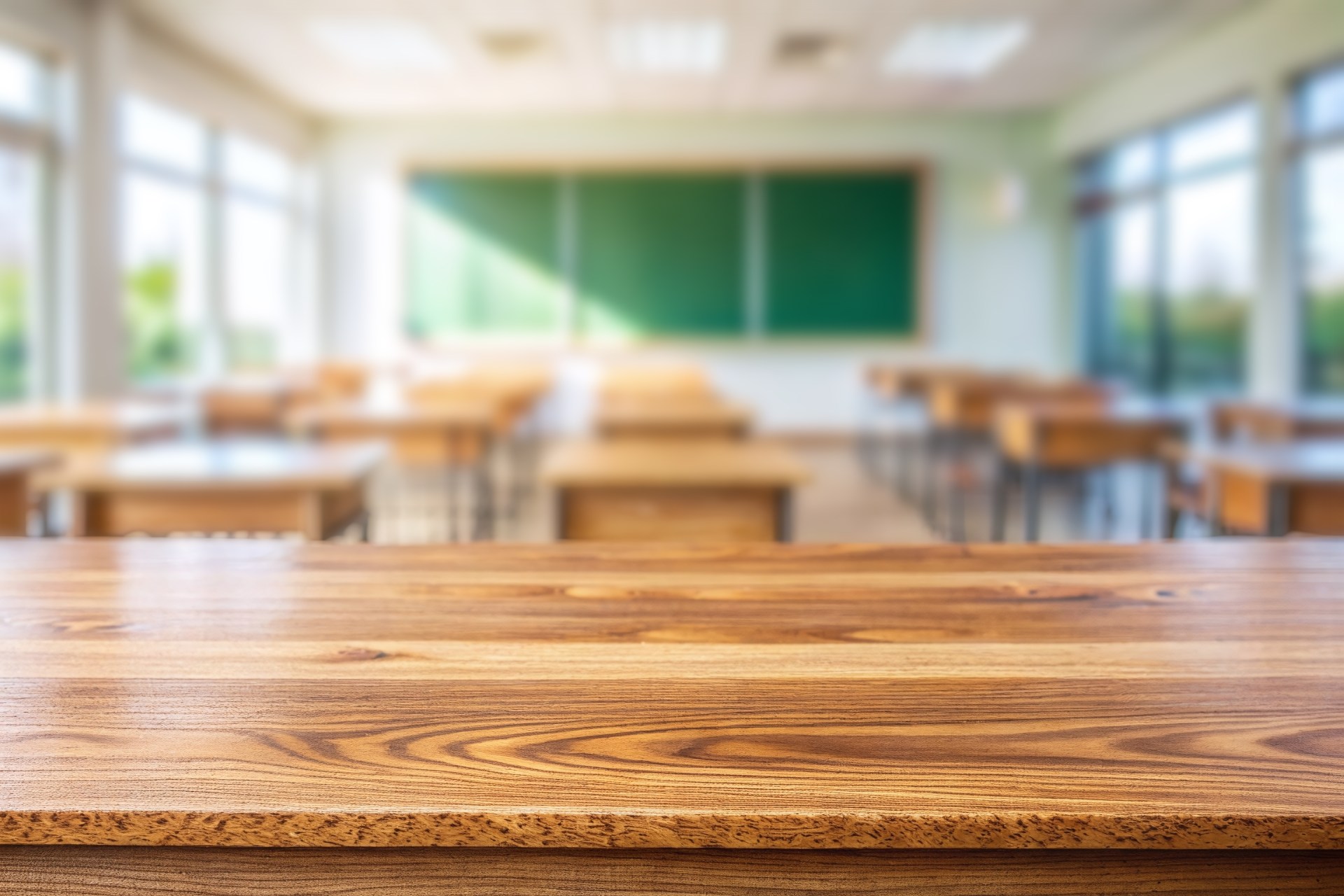 Wooden,Top,With,Blurred,Empty,Classroom