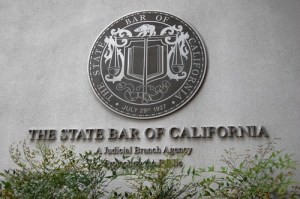 State Bar of California logo on side of concrete building.