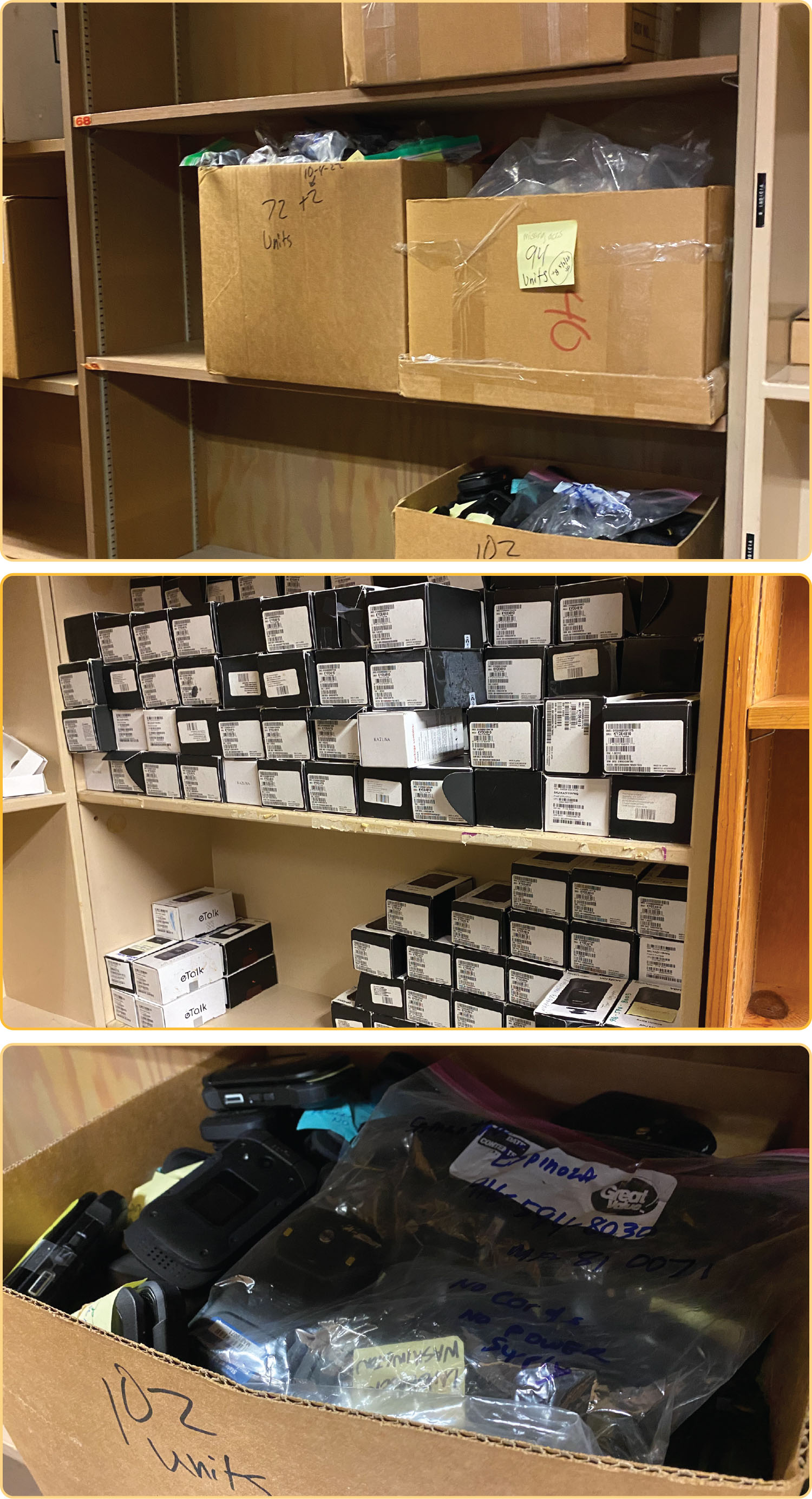 Figure 3 displays three pictures of a storage room containing mobile devices.