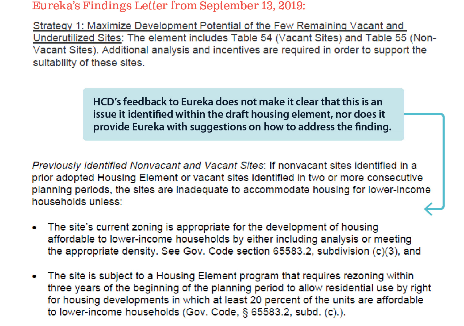 A graphic depicting a finding from HCD’s findings letter to Eureka where HCD did not provide precise and measurable feedback. 