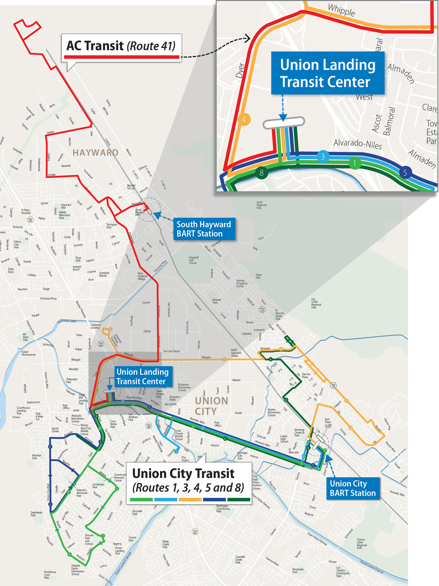 A map of the Union City and Hayward areas that shows that select Union City Transit routes and one AC Transit route overlap briefly in Union City, but otherwise are not duplicative because the AC Transit route extends north to Hayward.