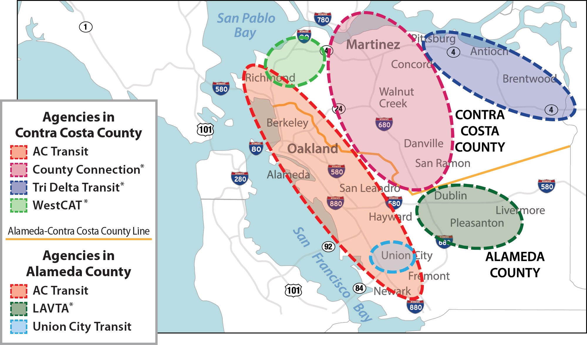 A map of the East Bay region showing the approximate service areas of each of the selected transit agencies and the border between Alameda and Contra Costa counties.