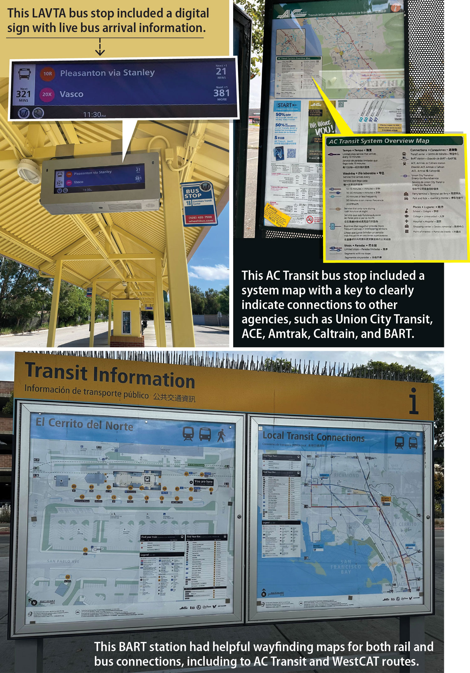 Three photos that show examples of bus stops we visited that had helpful arrival or wayfinding information for riders.