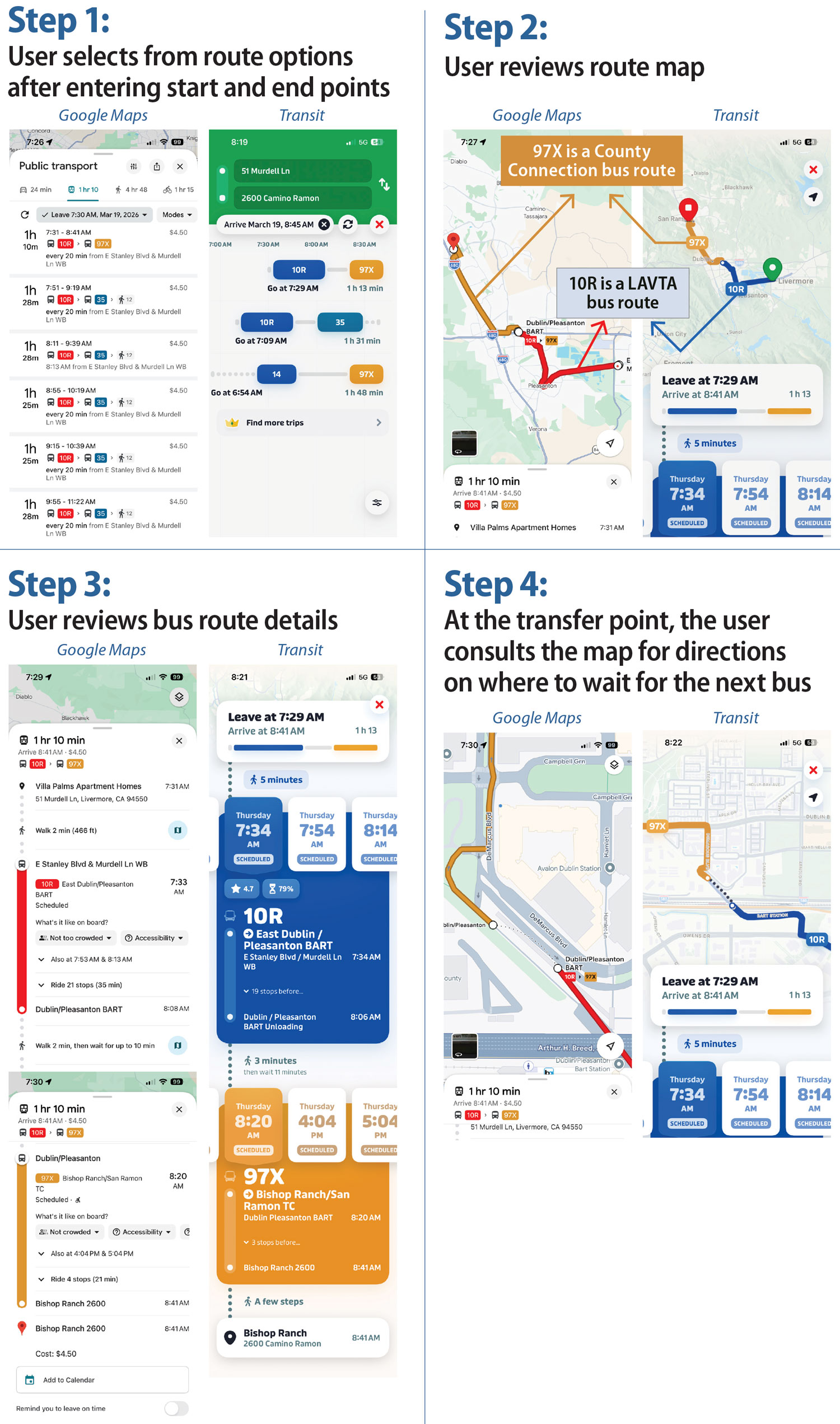 Multiple screenshots from Google Maps and Transit App that demonstrate how a rider can easily plan a trip that requires transferring between two transit agencies.