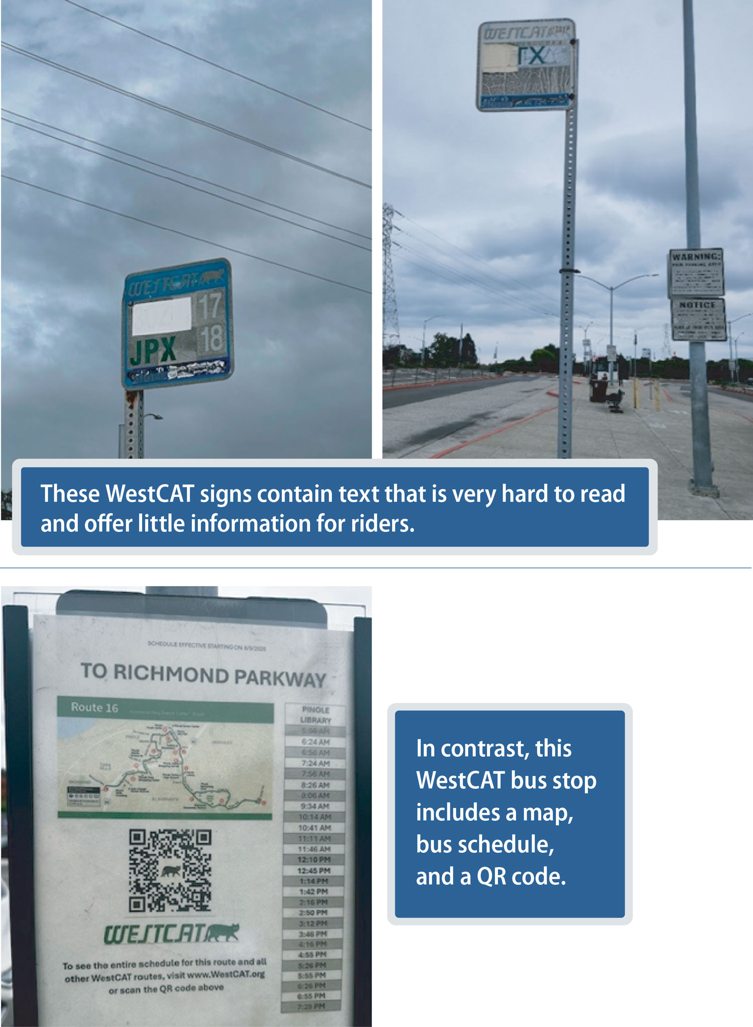 Three photos of WestCAT bus stop signs that either had illegible and minimal information for riders or had helpful information for riders.