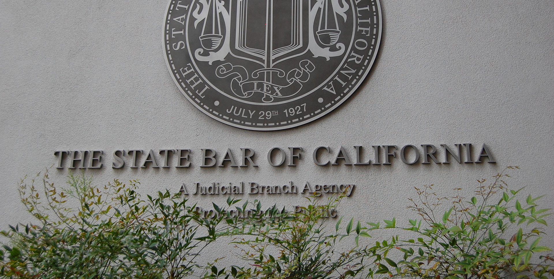 Seal and signage of The State Bar of California established in 1927, an agency of the Supreme Court which grants law licenses for lawyers and disciplines attorneys