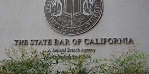 Seal and signage of The State Bar of California established in 1927, an agency of the Supreme Court which grants law licenses for lawyers and disciplines attorneys