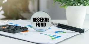 Magnifying glass highlights RESERVE FUND on documents. Calculator rests beside charts and graphs. Potted plant adds freshness to clean desk. Soft focus background emphasizes business tools
