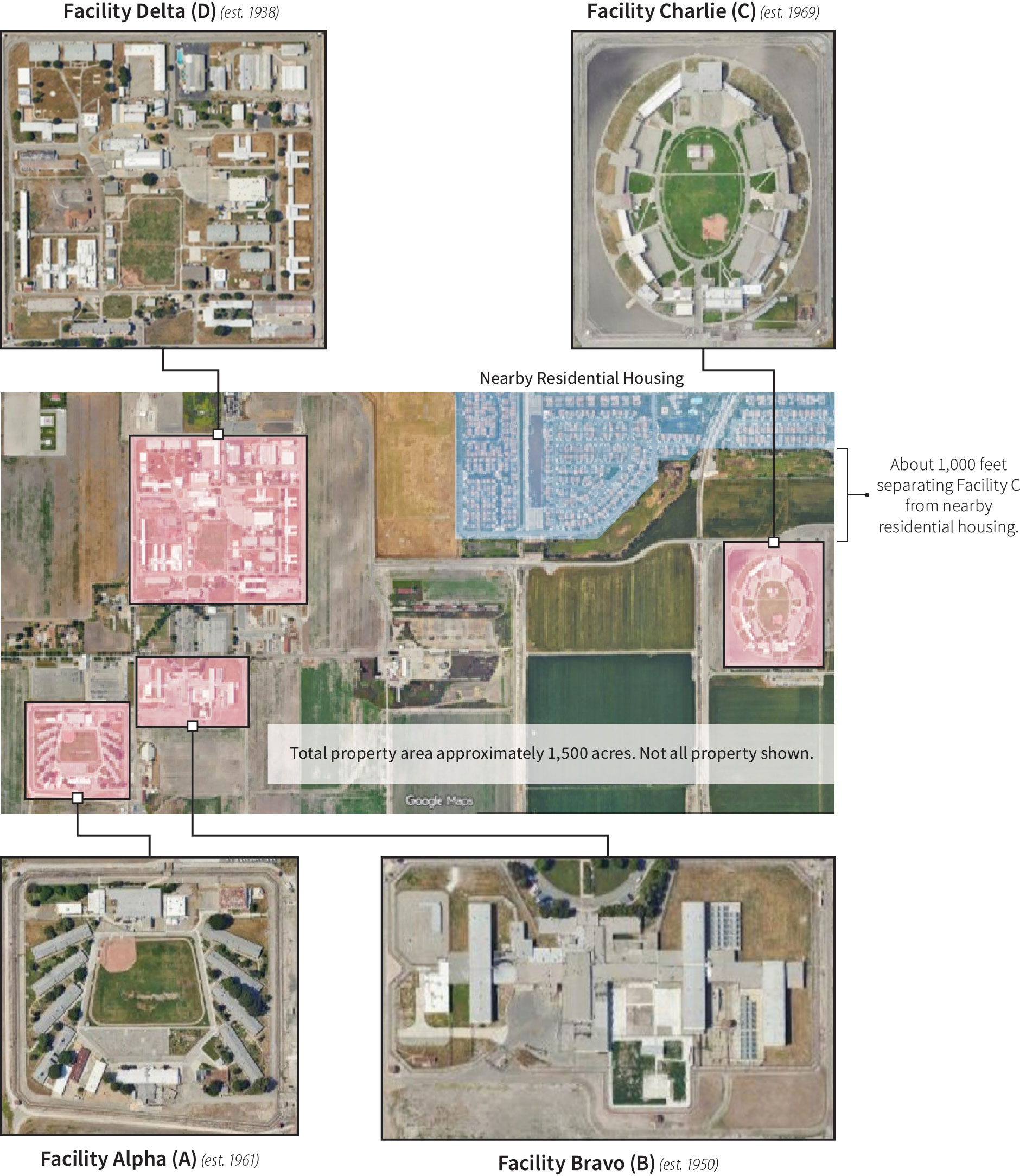 An aerial map of CIM’s four facilities built between 1938 and 1969 and located on approximately 1,500 acres of land, close to nearby residential housing.