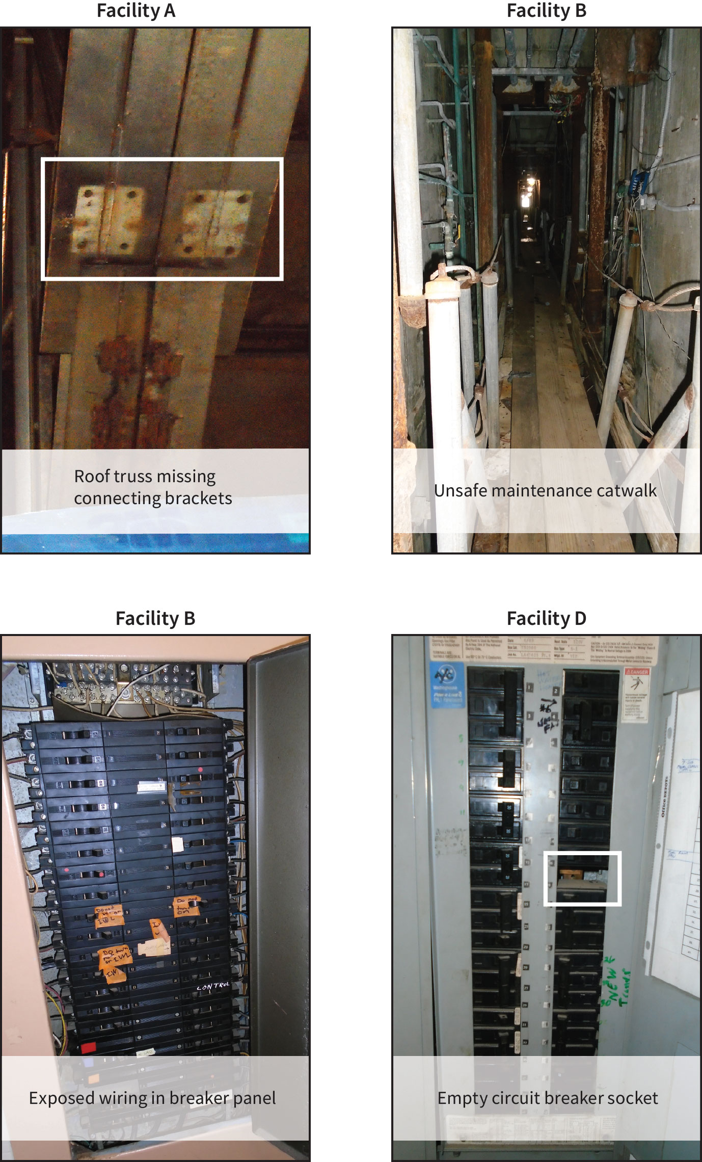 Four images of critical deficiencies in CIM’s infrastructure that a consultant identified in 2019 that CIM has not addressed.