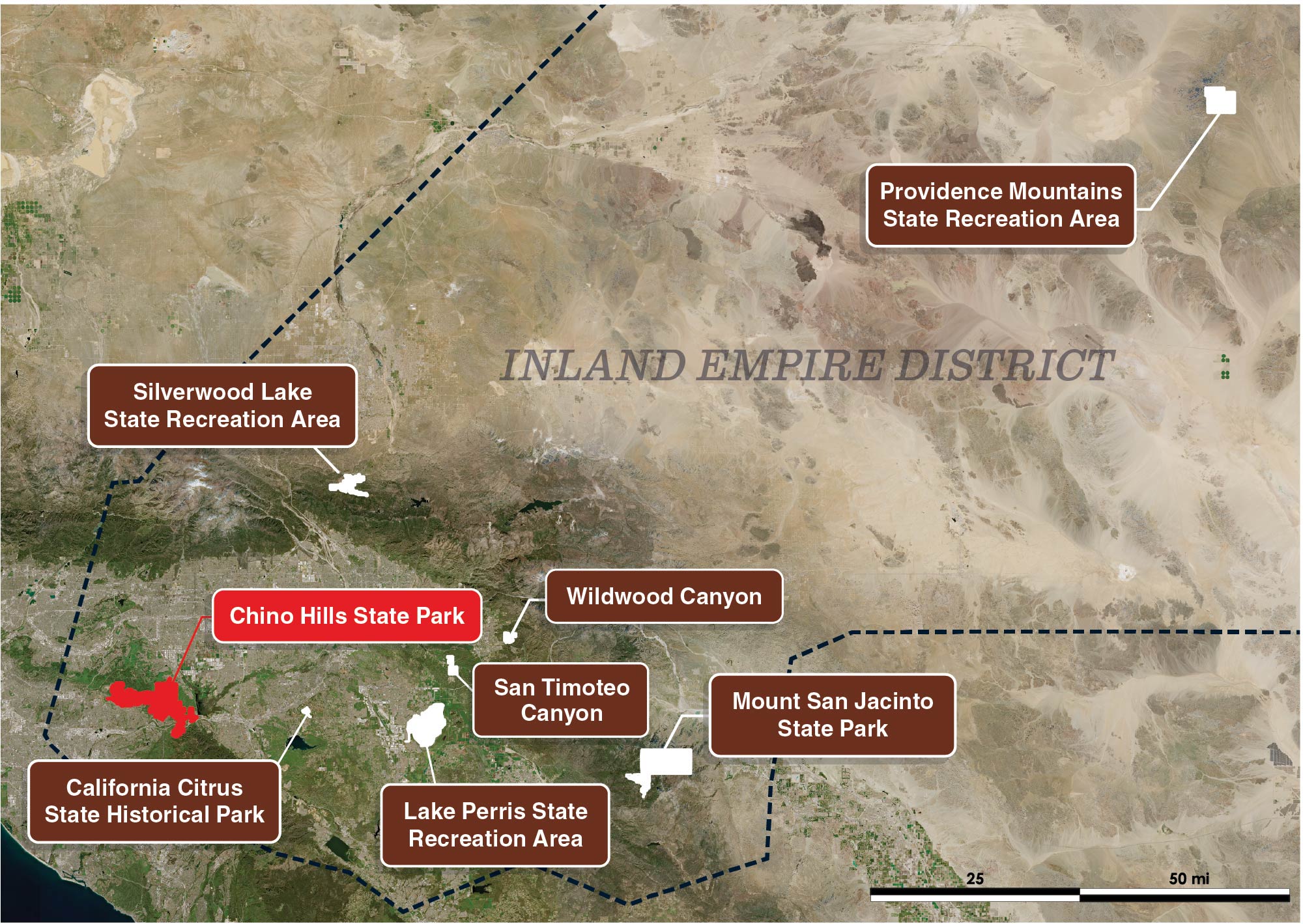 A map of the State Parks’ Inland District, outlining the perimeter of all eight parks in the district.