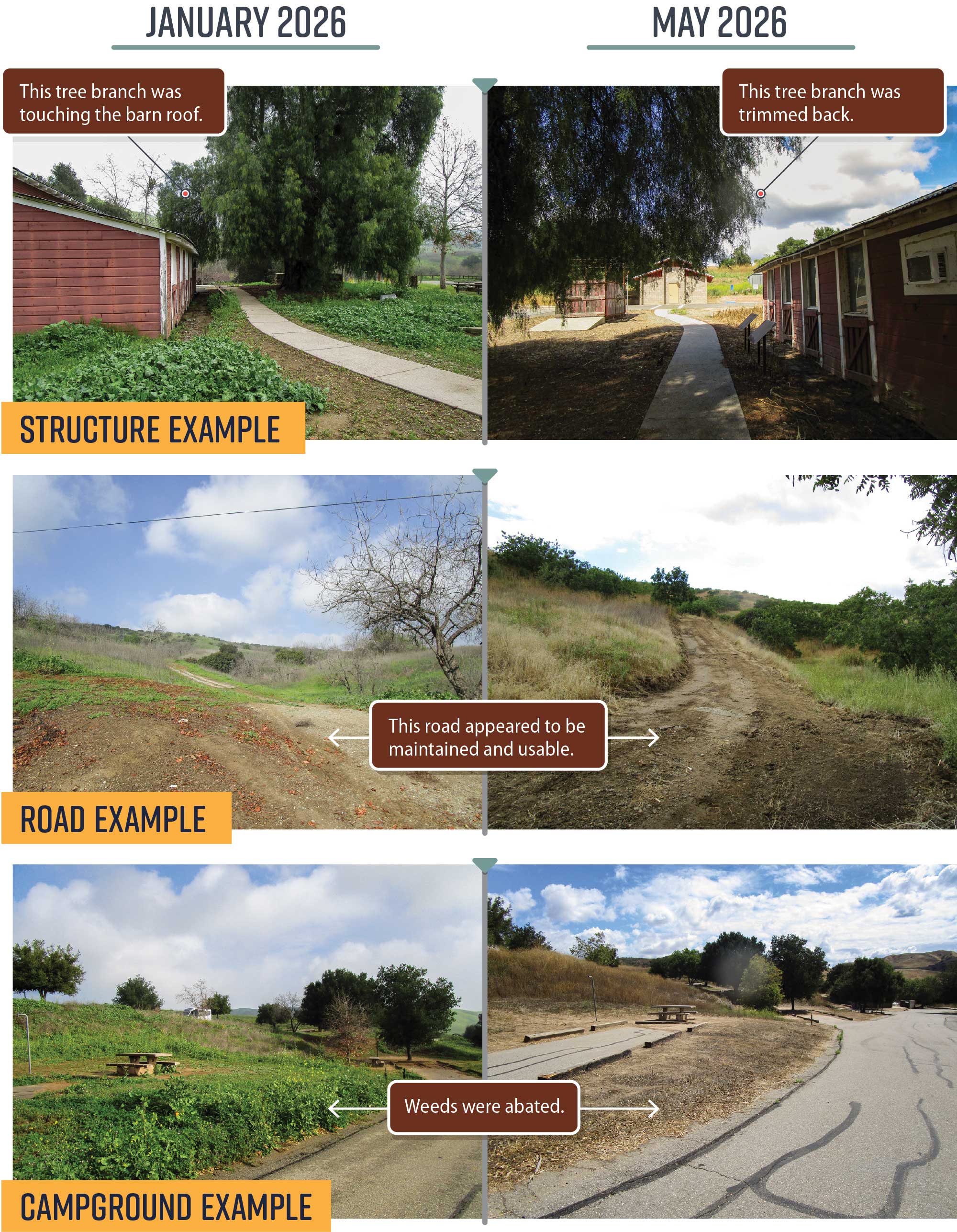 Photos comparing vegetation in different areas of the park in January 2026 and May 2026.