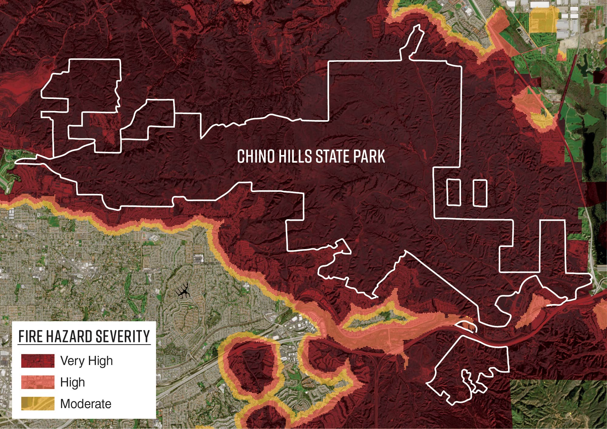 A map of Chino Hills State Park depicting the fire hazard severity zones in and around the park.