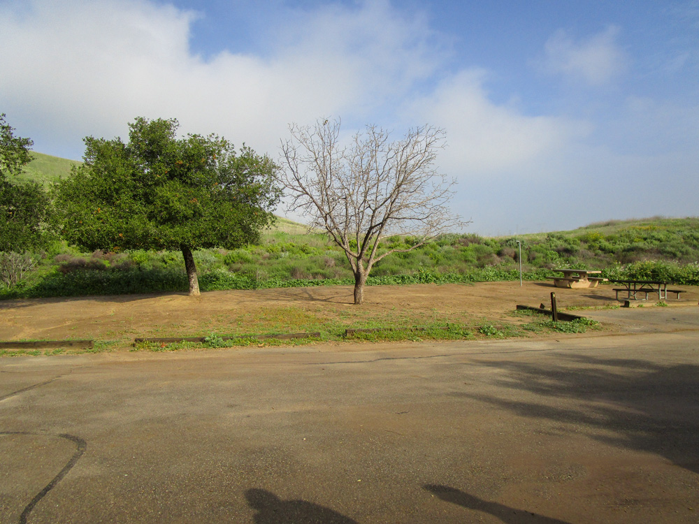 Photo 2 appears to be taken from a road and features two picnic tables and two trees. The ground appears to be clear of plants.