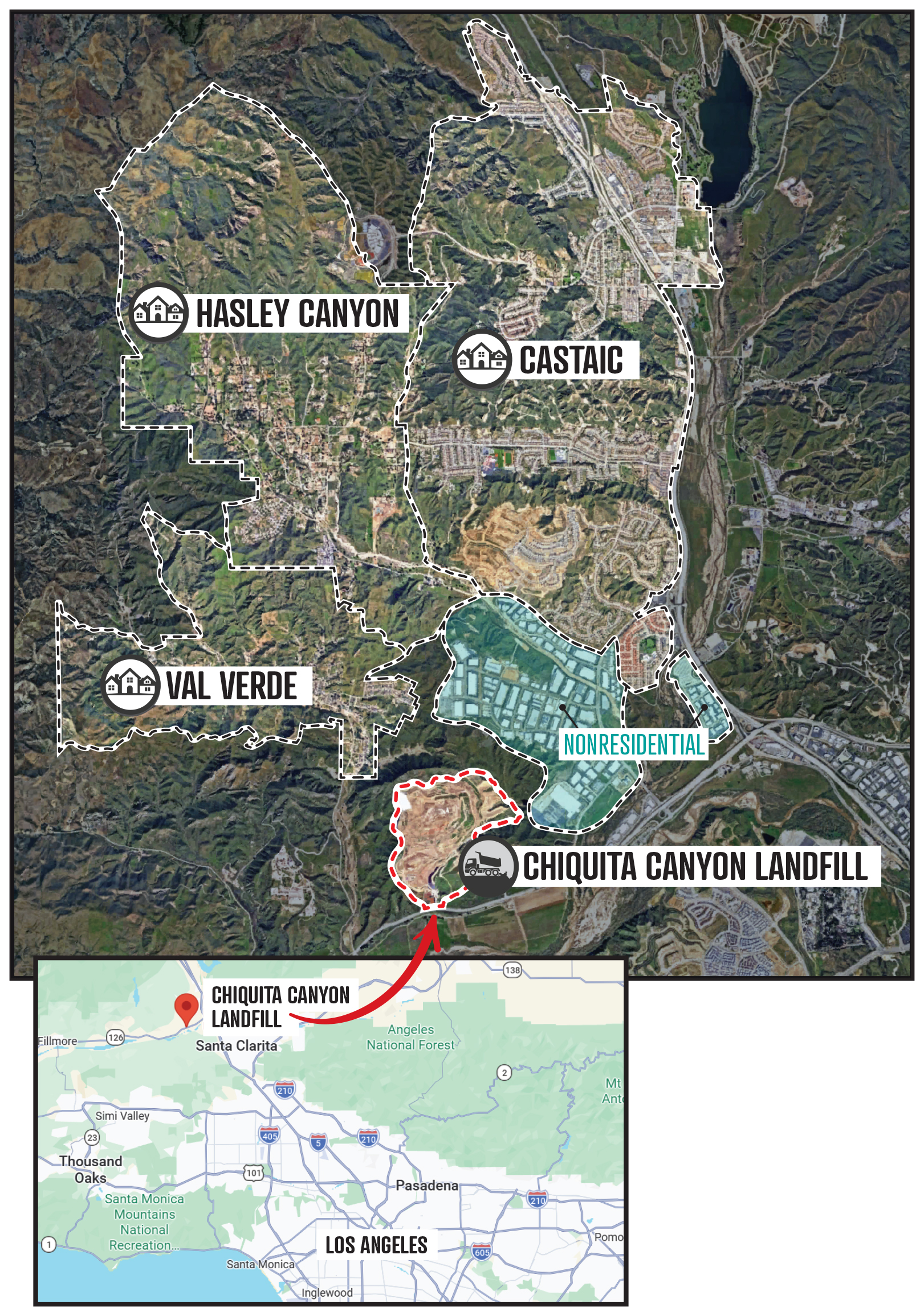 A map showing the location of the Chiquita Canyon Landfill and the nearby communities of Val Verde, Hasley Canyon and Castaic within LA County