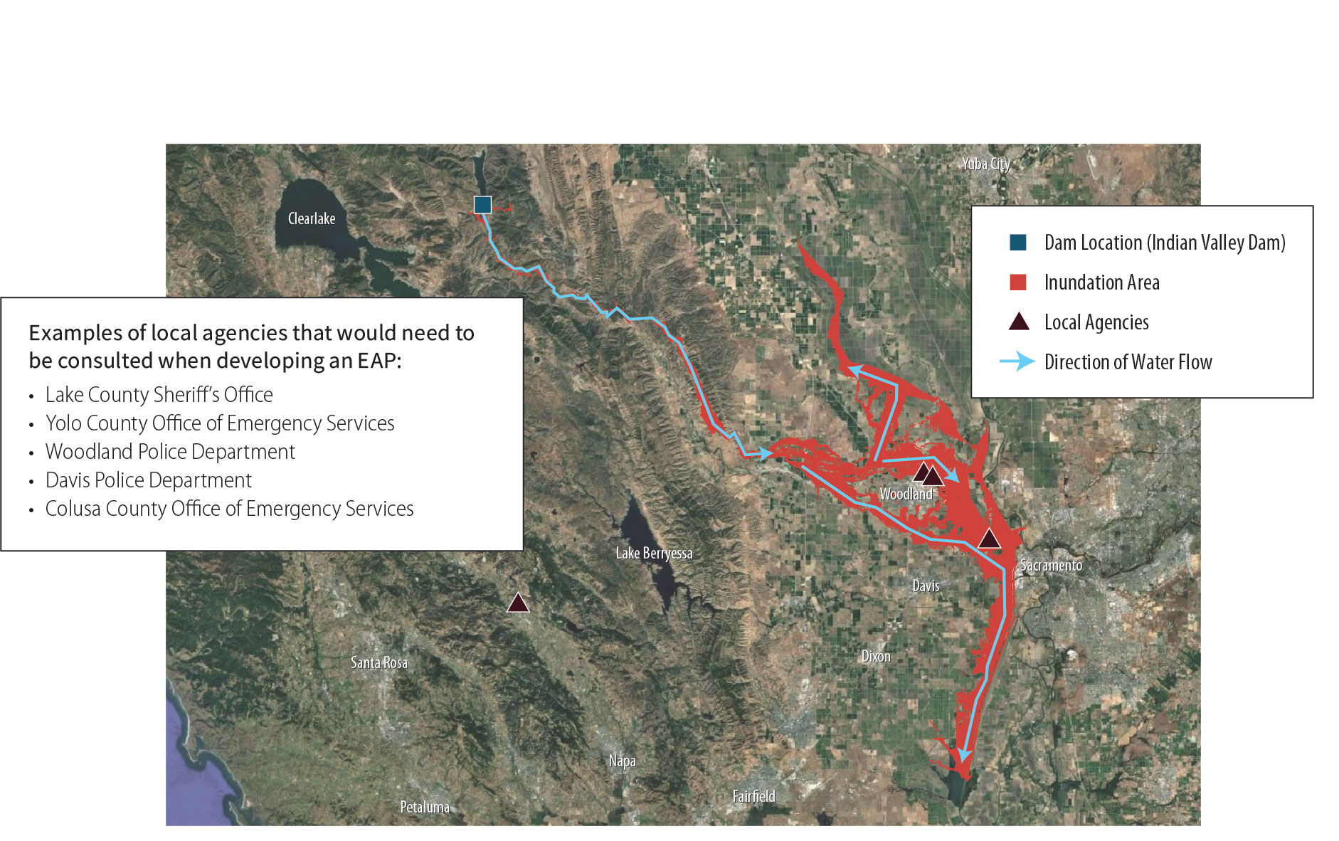 The inundation area of the example dam spans several counties and affects a populated area that is tens of miles from the dam.