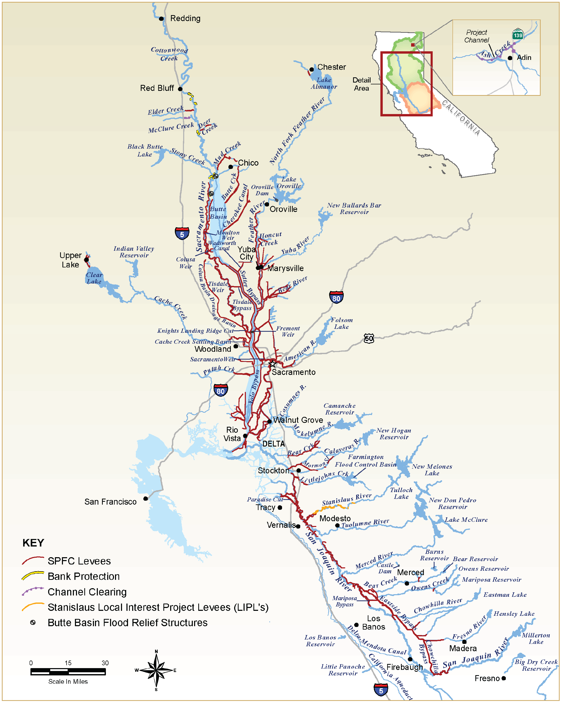 Project levees are located mostly along the Sacramento River going north from the Delta Region and along the San Joaquin River going south.