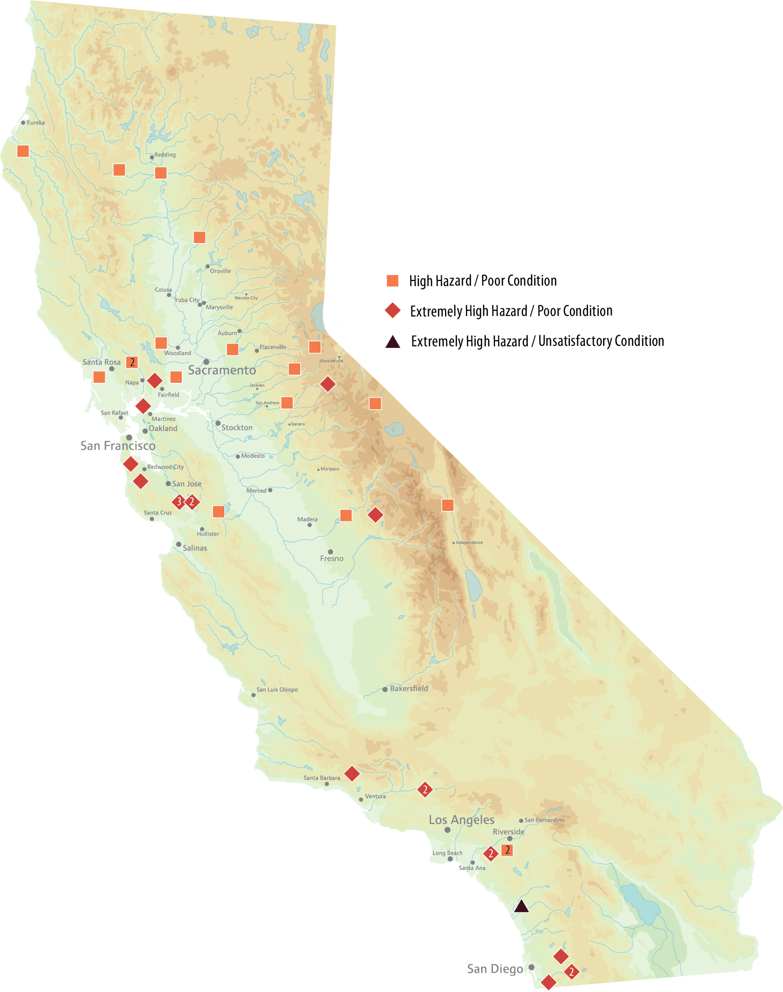 The dams are mostly located north of Fresno, with a large cluster in the Bay Area. However, there are smaller clusters in Los Angeles and San Diego.