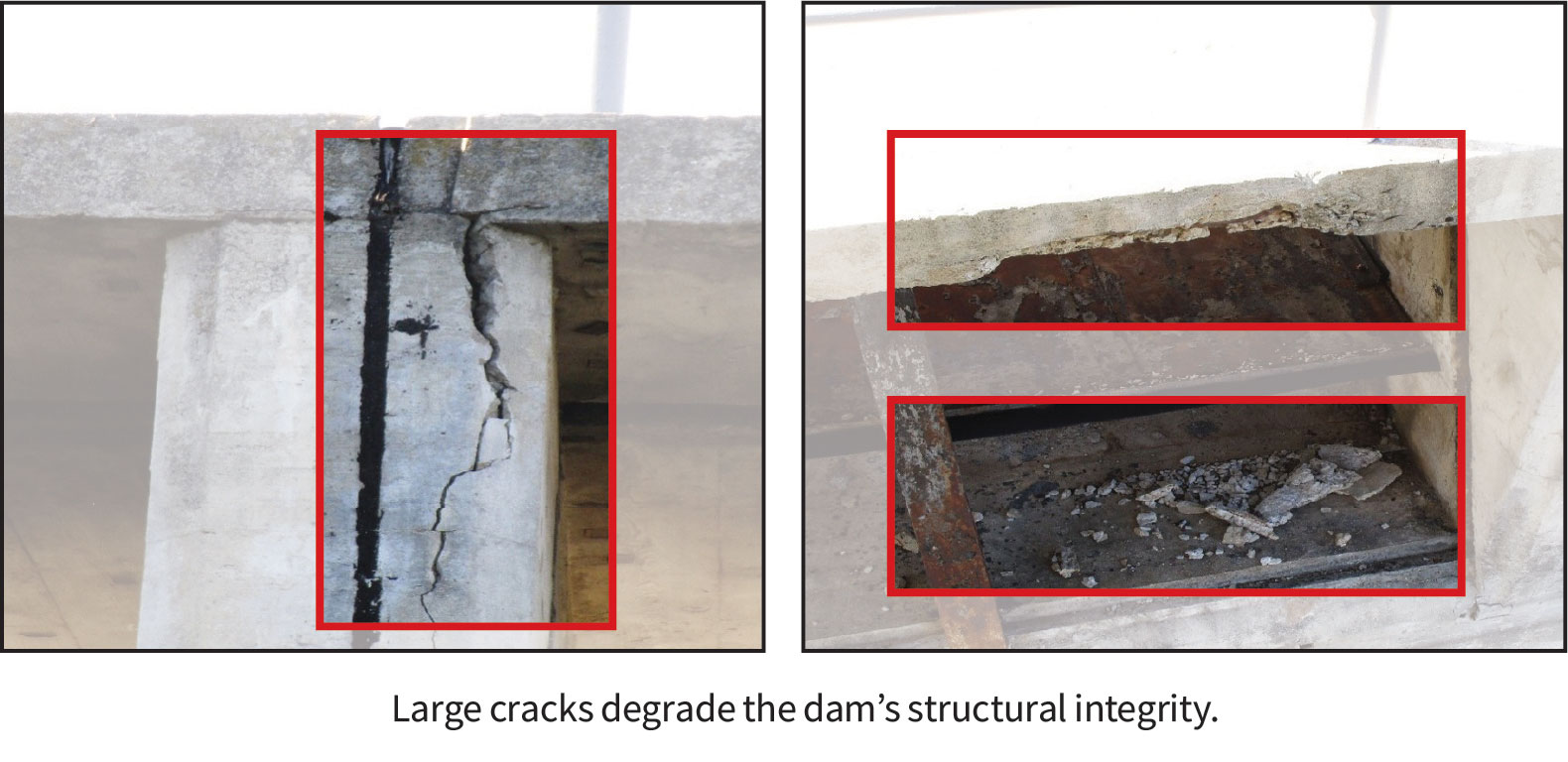 Pictures show a deep crack in a dam’s weight baring pillar and a large chuck of cement flaking off from a different portion of the dam.